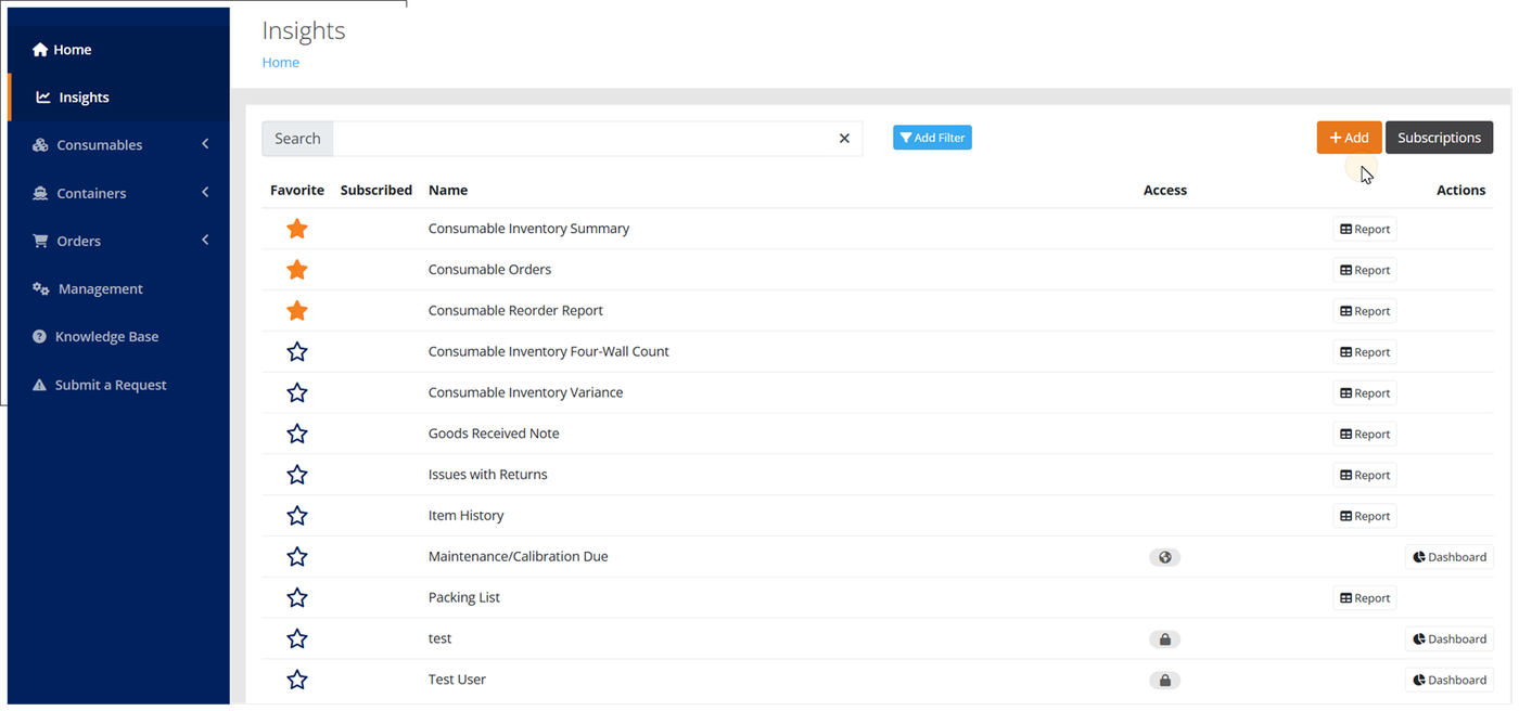 Insights page listing reports and dashboards, with the Add button highlighted next to Subscriptions