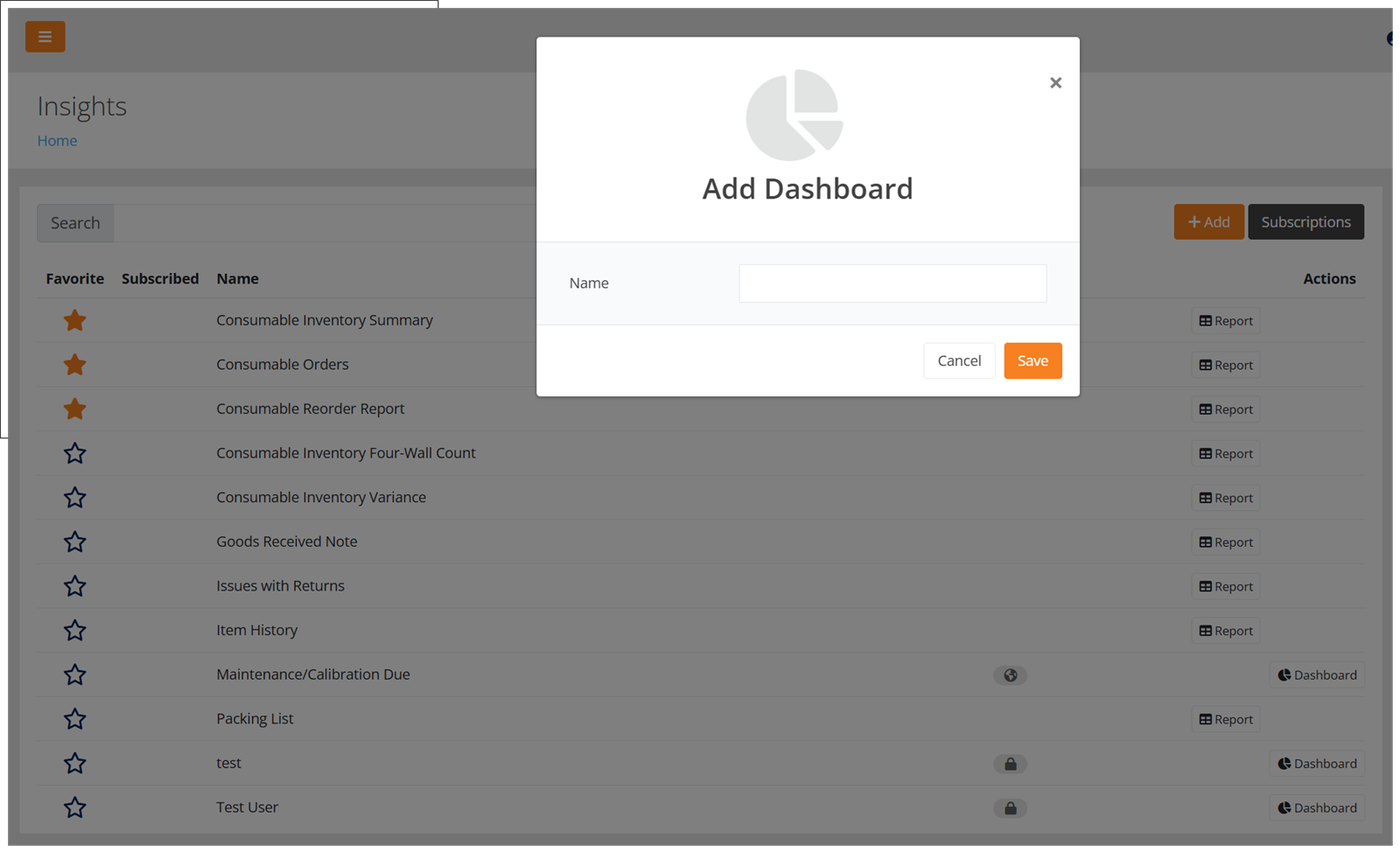 Add Dashboard popup over the Insights page with the Name field and the Save button