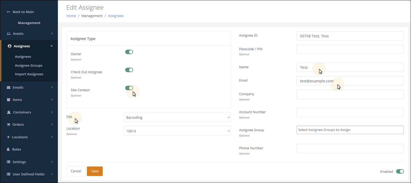 Edit Assignee page with the Site Contact toggle switched on and the Name, Email and Site fields filled in