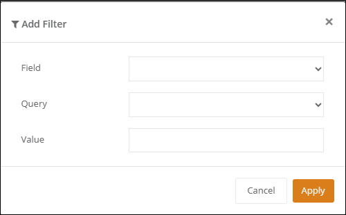 Add Filter dialog with the Field, Query and Value fields and the Cancel and Apply buttons