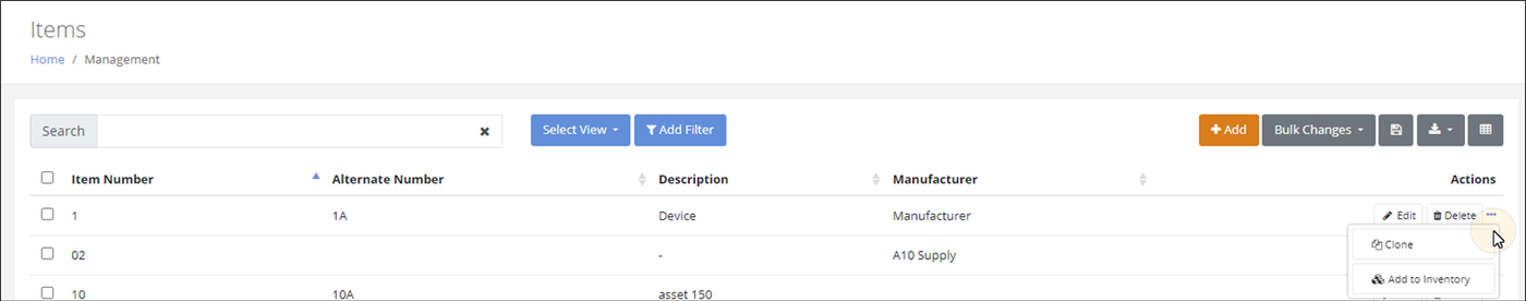 Items page with the More Options menu open in the Actions column showing the Clone and Add to Inventory options