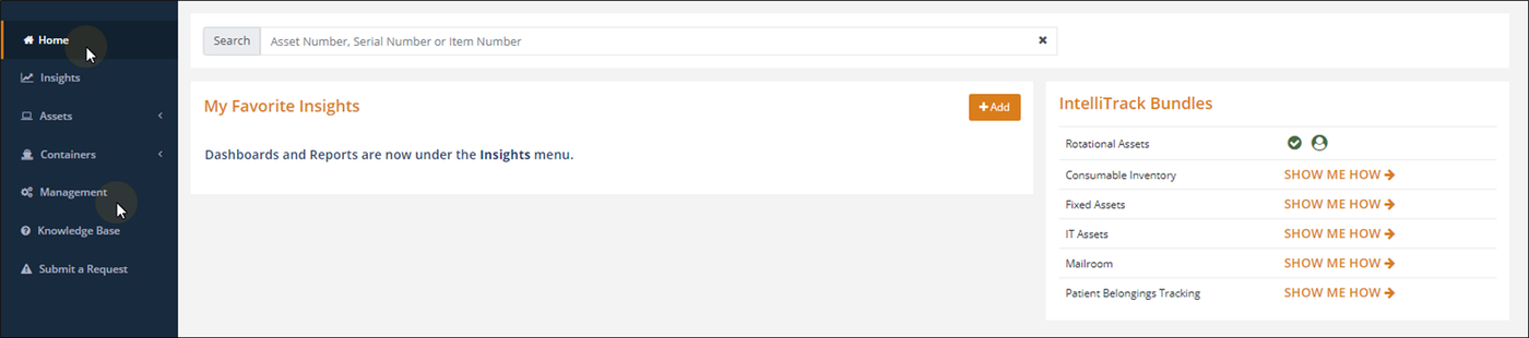 Home page with the pointer on the Management option in the menu bar