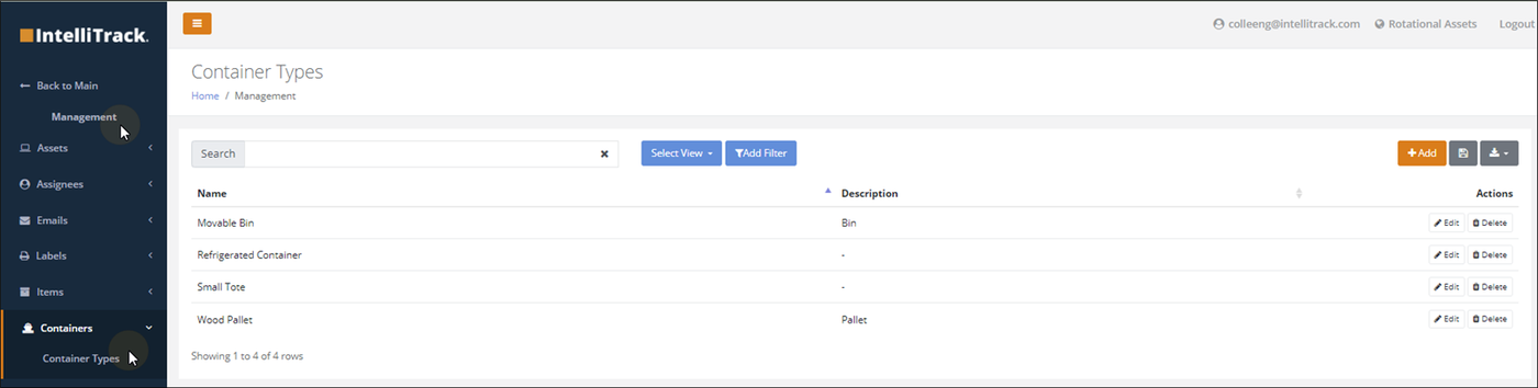 Container Types page listing container types, with Containers > Container Types selected in the Management menu