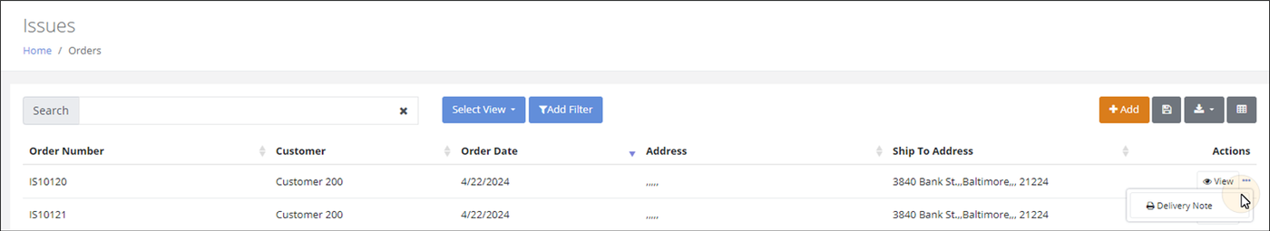 Issues page with the More Options menu open in the Actions column showing the Delivery Note option