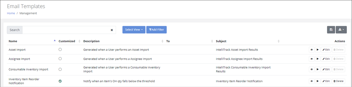 Email Templates page listing templates, including Inventory Item Reorder Notification, with an Edit button in the Actions column