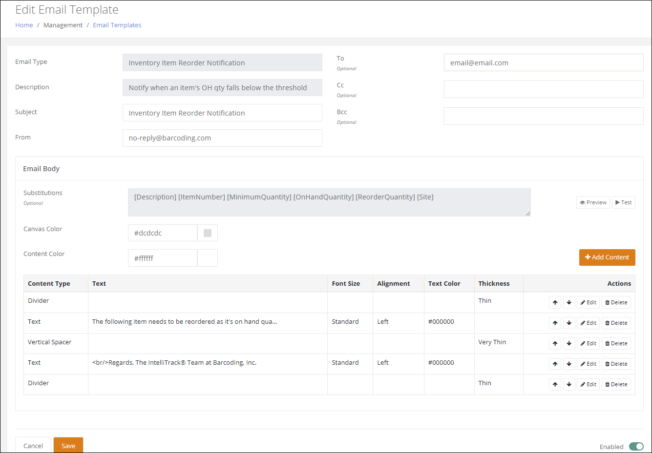 Edit Email Template page for the Inventory Item Reorder Notification with a recipient in the To field and the Save button