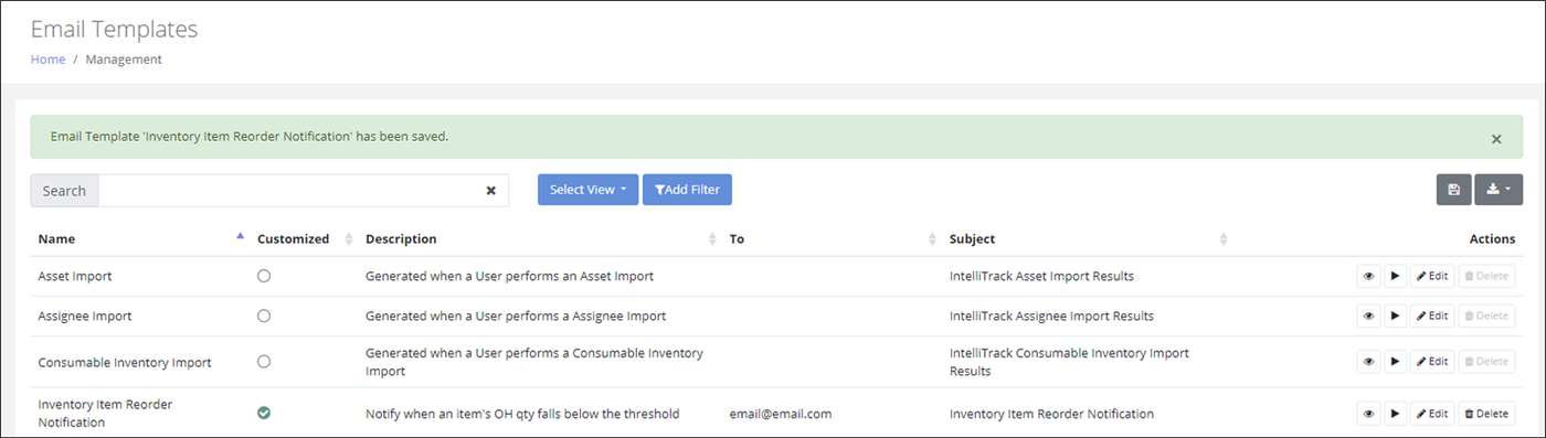 Email Templates page with a saved confirmation message and a recipient shown in the To column for Inventory Item Reorder Notification
