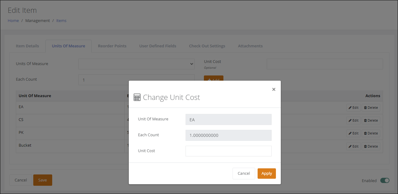 Change Unit Cost popup over the Edit Item Units Of Measure tab, with Unit Of Measure, Each Count and Unit Cost fields and an Apply button