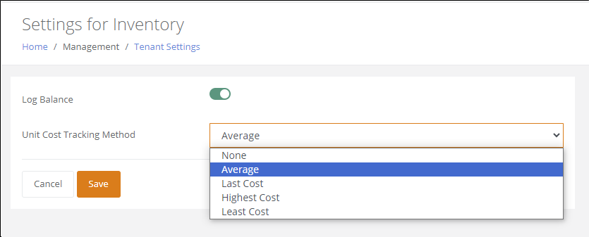 Settings for Inventory page with Log Balance on and the Unit Cost Tracking Method list open showing None, Average, Last Cost, Highest Cost and Least Cost