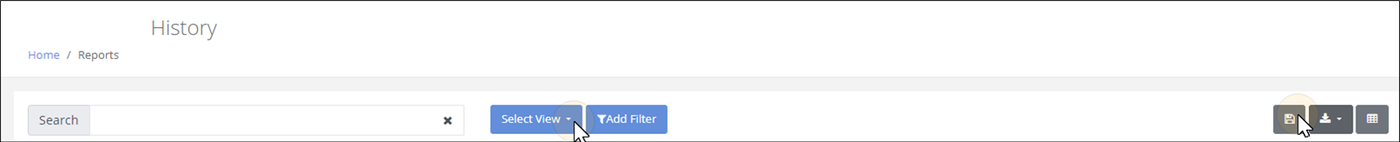 History page toolbar with the pointer on the Select View drop-down, where the saved view is now listed