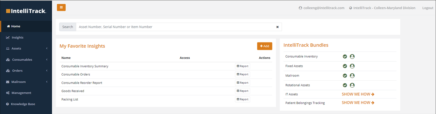 Home page with the My Favorite Insights list of reports and the IntelliTrack Bundles panel