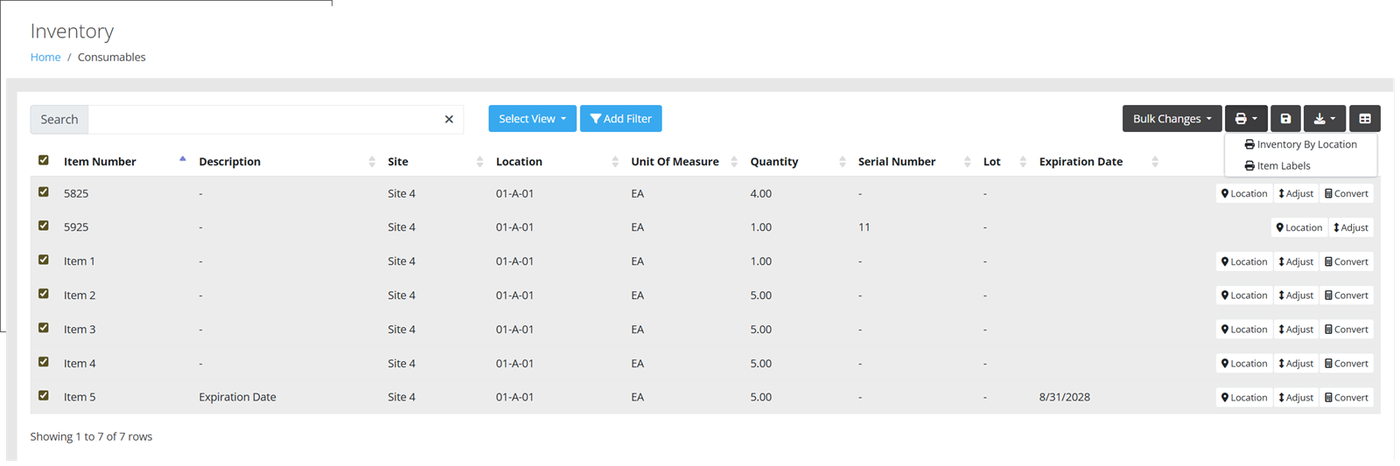 Inventory page with records selected and the Print menu open showing Inventory By Location and Item Labels