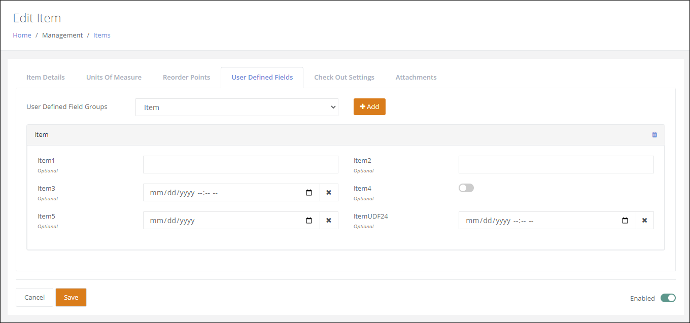 Edit Item page, User Defined Fields tab, with the Item field group added and its user defined fields shown