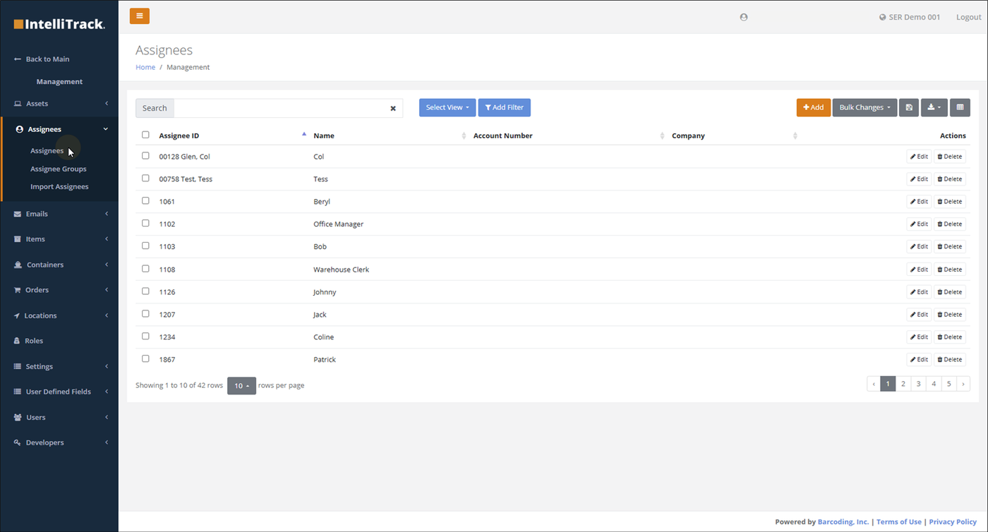 Assignees page listing Assignee ID, Name, Account Number and Company, with Assignees > Assignees selected in the Management menu