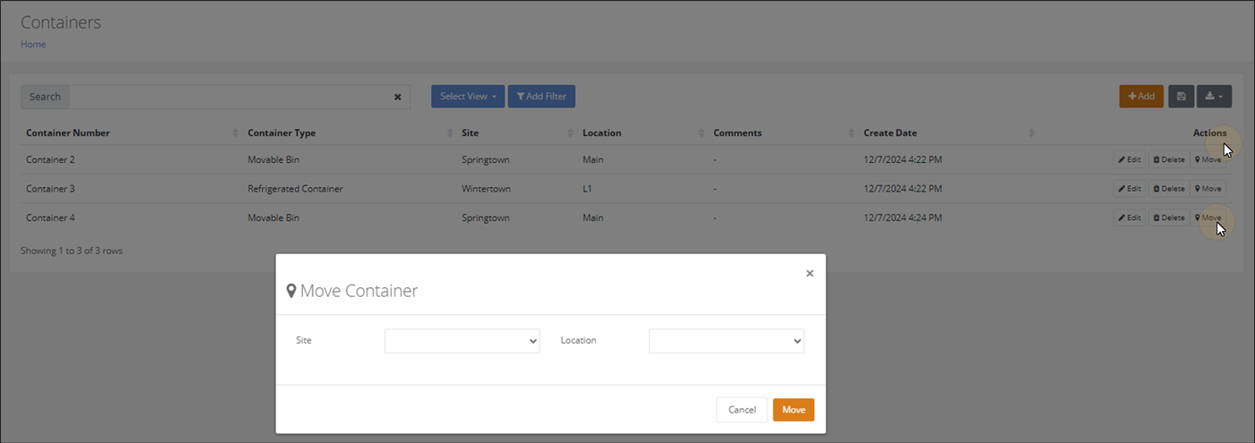 Move Container popup with Site and Location fields and a Move button, opened from the Containers page Move action