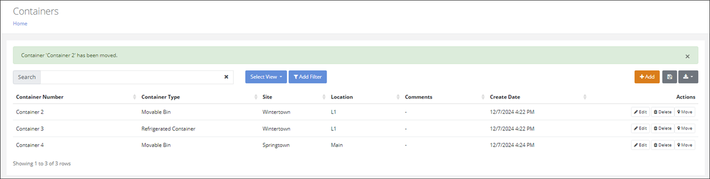 Containers page with a message confirming the container has been moved and its new site and location in the list