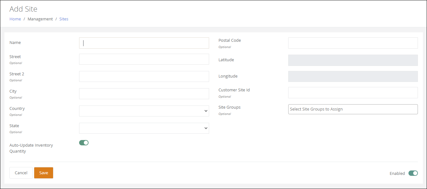 Add Site page with the Auto-Update Inventory Quantity toggle switched on