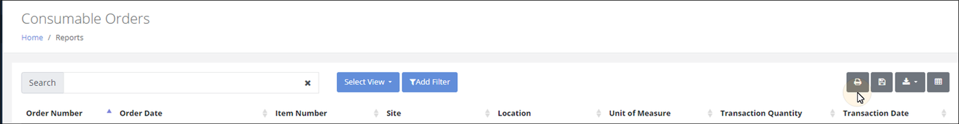 Consumable Orders report page with the Print button highlighted in the upper right toolbar