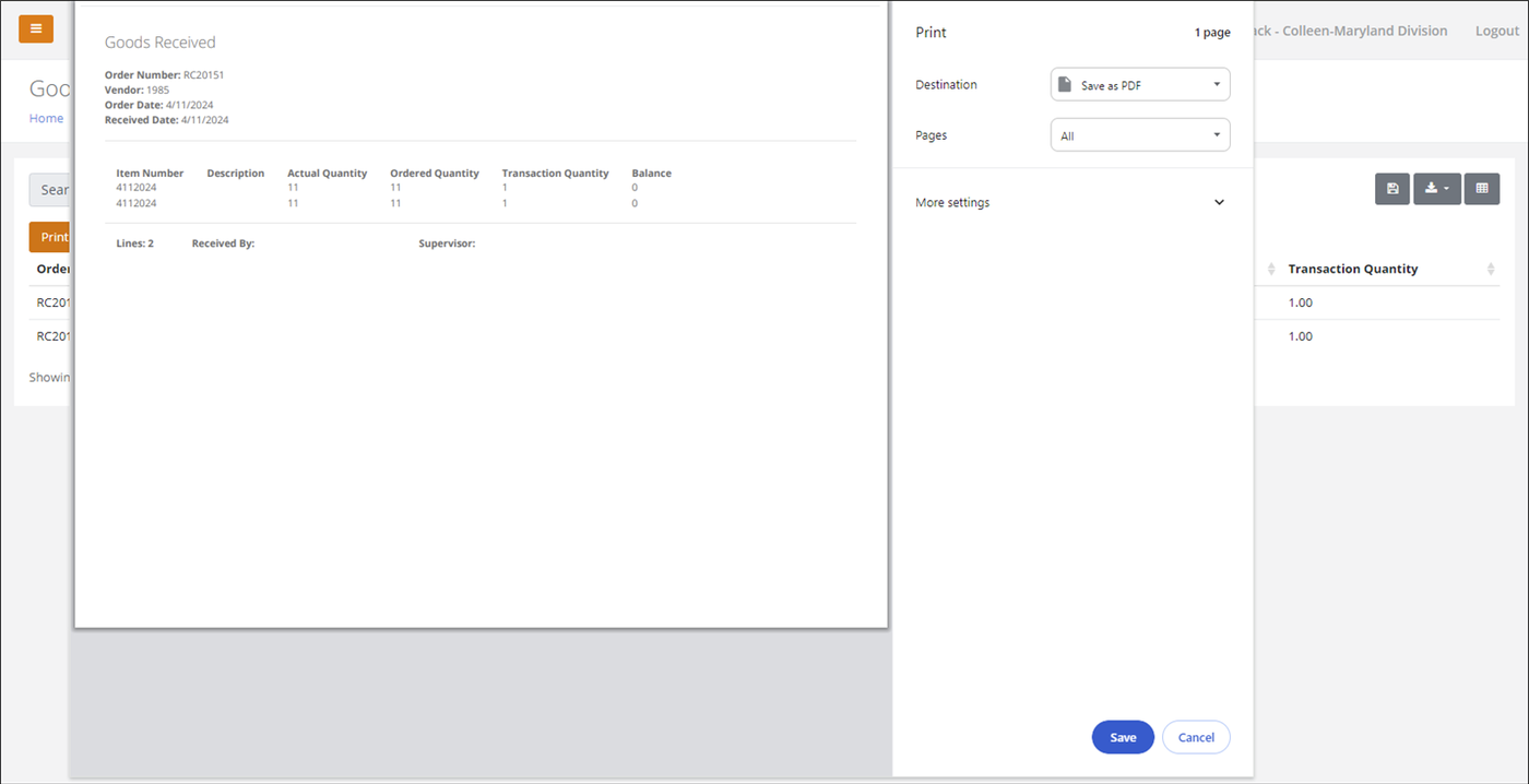 Print window previewing the Goods Received list for one order, with the Destination and Pages settings