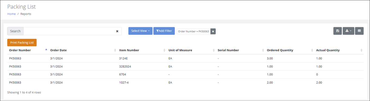 Packing List report filtered to one Order Number, with the Print Packing List button above the results