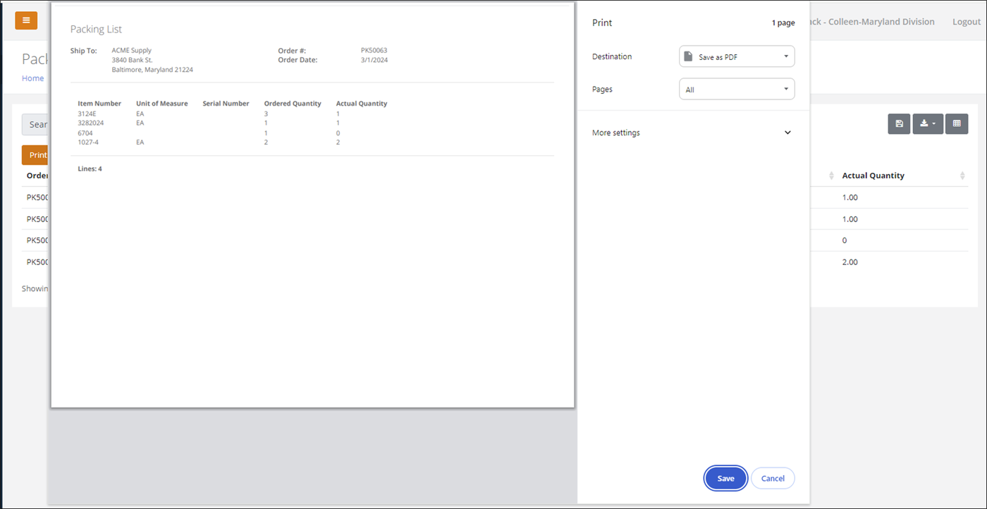 Print window previewing the Packing List with the Ship To address, order number and order lines