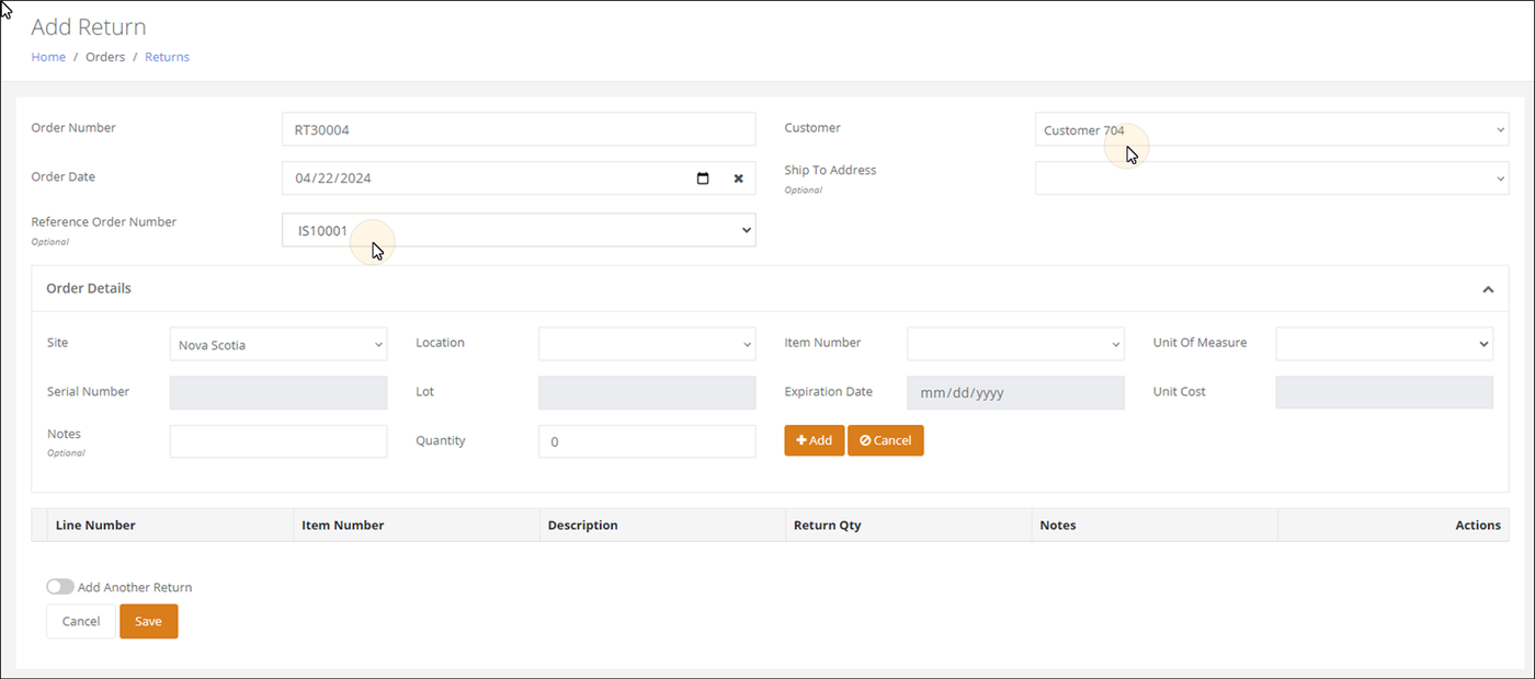 Add Return page with a Customer selected and an Issue Order chosen in the Reference Order Number field