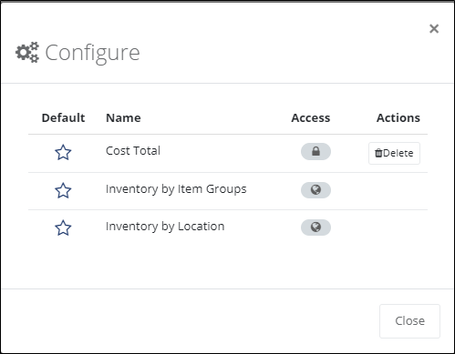 Configure popup listing saved views with a Default star, Name, Access and a Delete action for each view