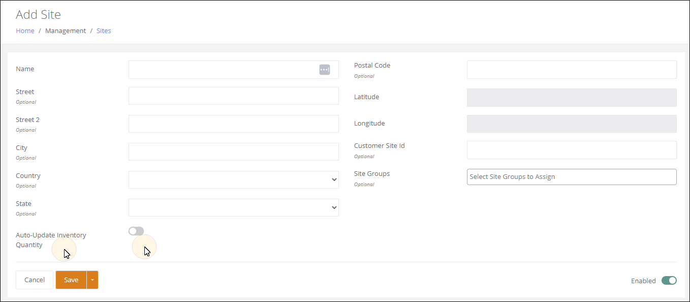 Add Site page with the Auto-Update Inventory Quantity toggle switched off