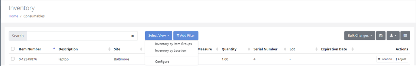 Inventory page with the Select View menu open to the Inventory by Item Groups and Inventory by Location system views