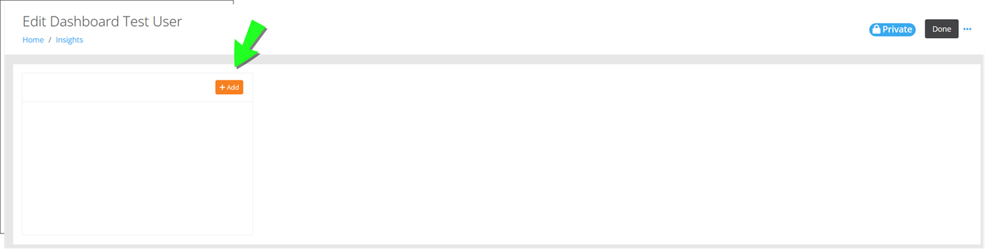 Edit Dashboard page with an arrow pointing to the Add button inside an empty widget square