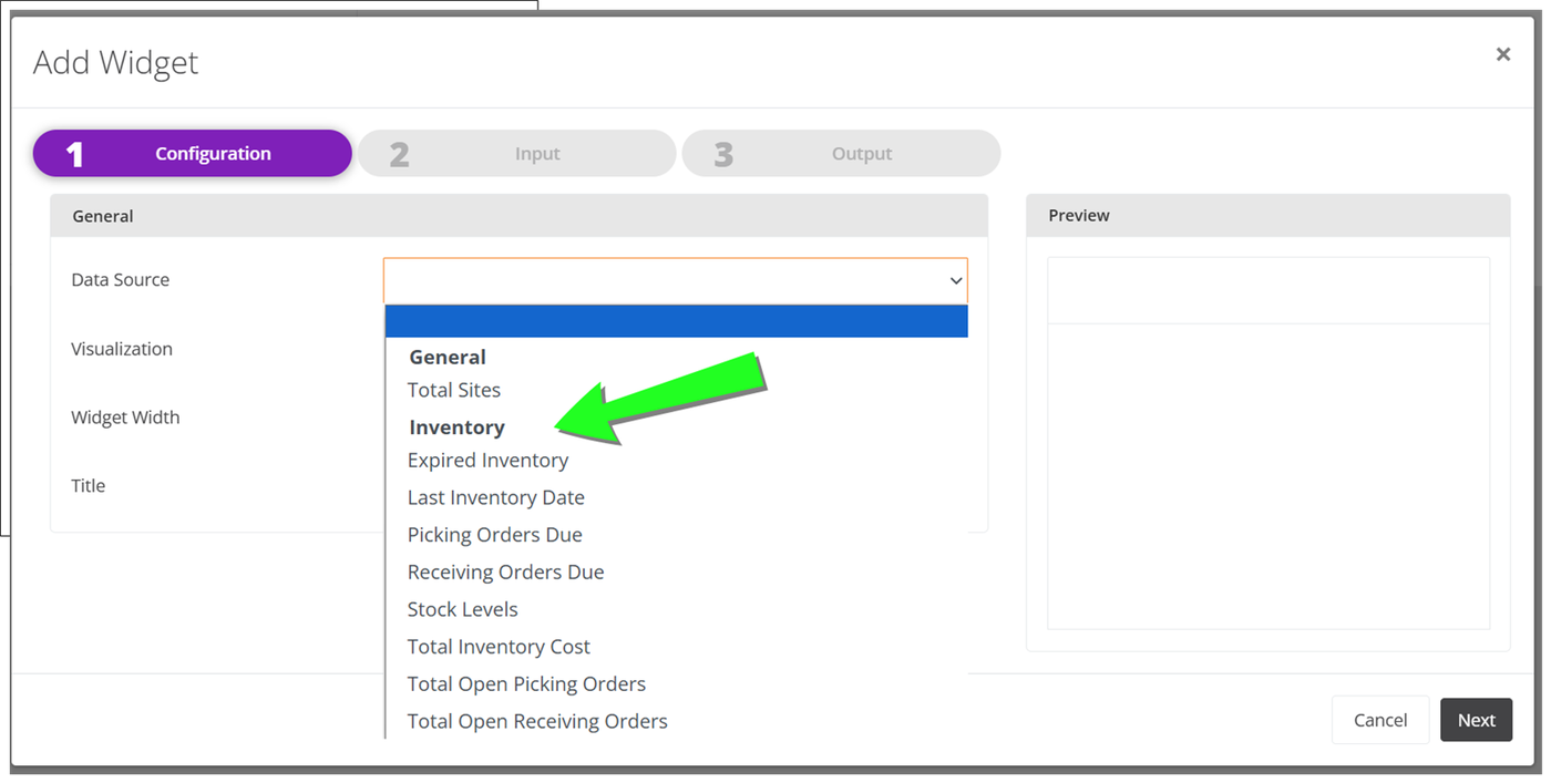 Add Widget wizard on the Configuration step with the Data Source list open and an arrow pointing to the Inventory category