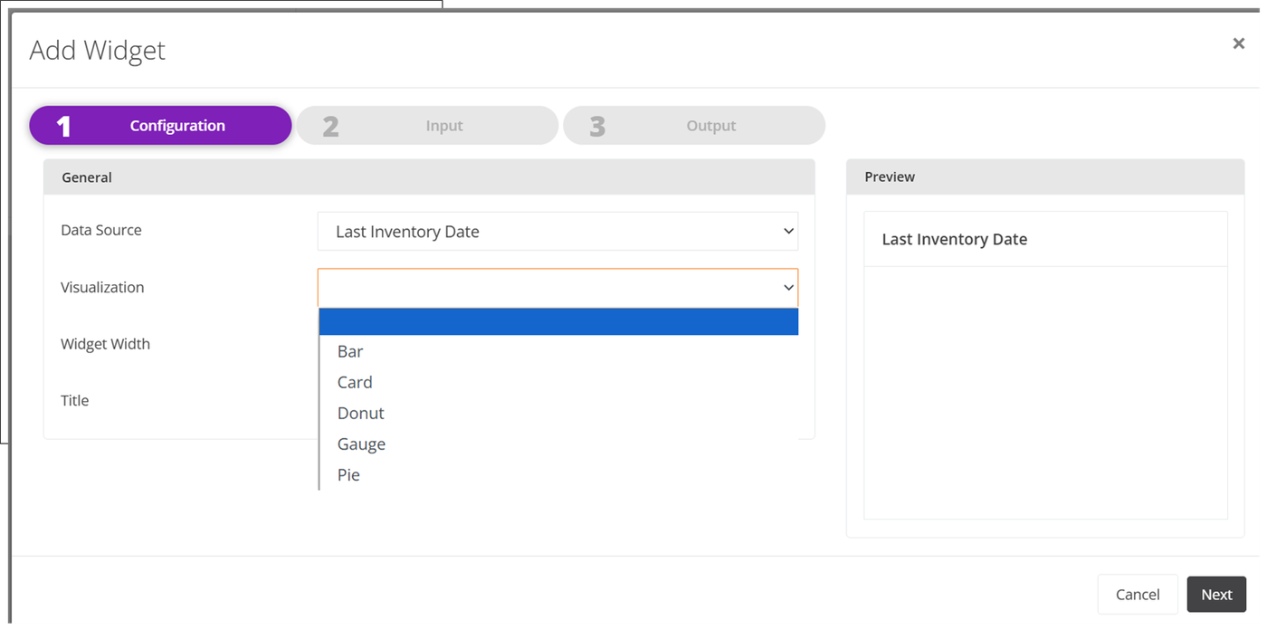 Add Widget wizard, Configuration tab, with the Visualization drop-down open to Bar, Card, Donut, Gauge and Pie