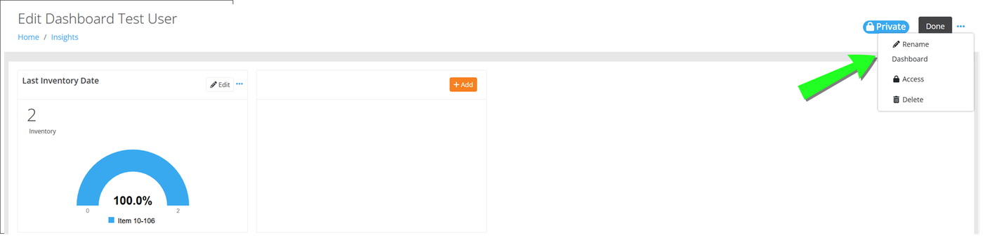 Edit Dashboard page with the more options menu open showing Rename Dashboard, Access and Delete