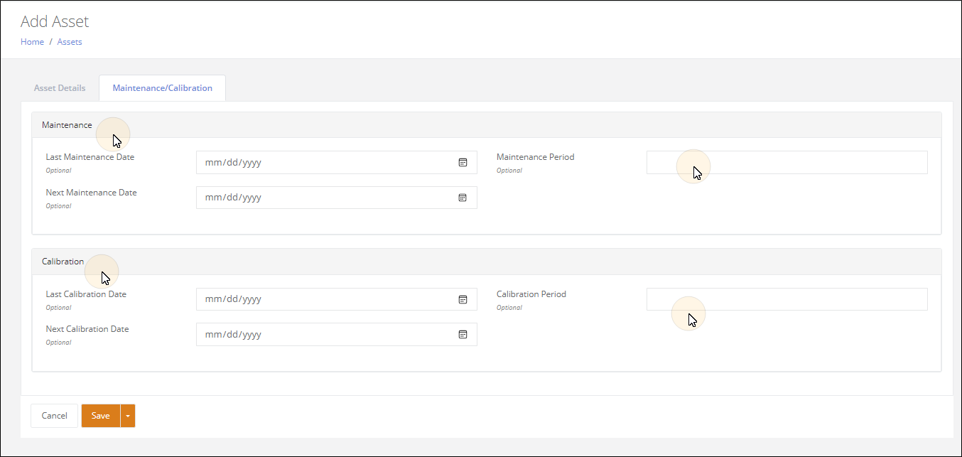 Add Asset page, Maintenance/Calibration tab, with Last and Next Maintenance Date, Maintenance Period, Last and Next Calibration Date and Calibration Period fields
