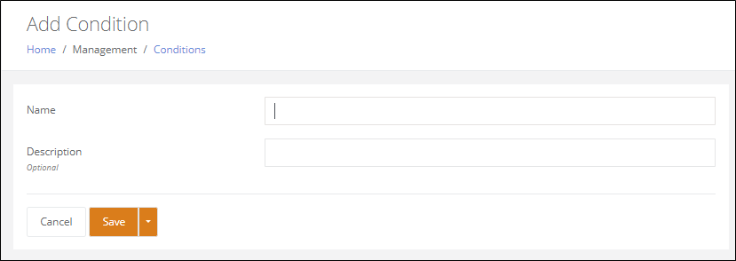 Add Condition page with the Name field, an optional Description field and the Save button