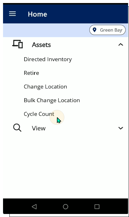 Home screen in IntelliTrack Mobile with the Assets menu expanded and the pointer on the Cycle Count option