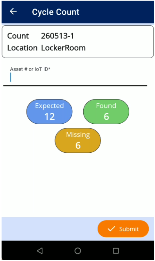 Cycle Count screen in IntelliTrack Mobile with the Asset # or IoT ID field and Expected, Found and Missing totals