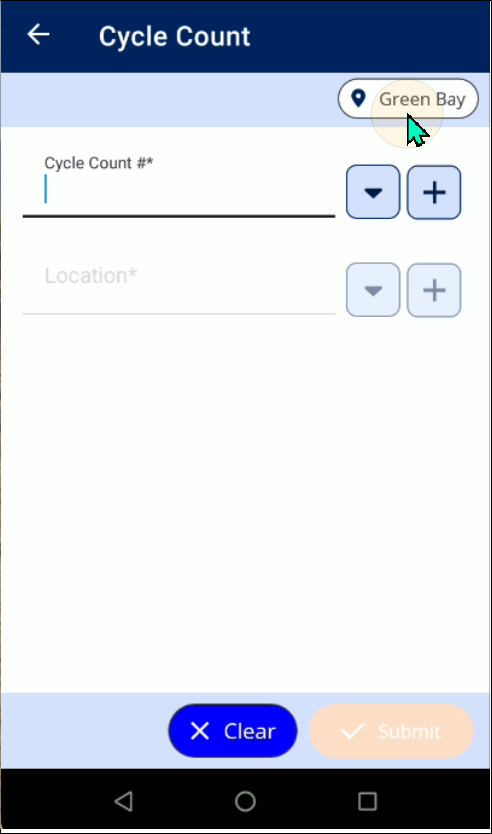 Cycle Count screen in IntelliTrack Mobile with the Cycle Count # and Location fields and the site button selected