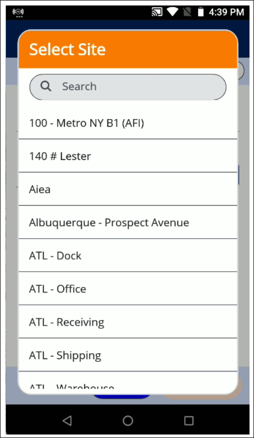 Select Site popup in IntelliTrack Mobile with a Search box above a scrolling list of sites to choose for the cycle count
