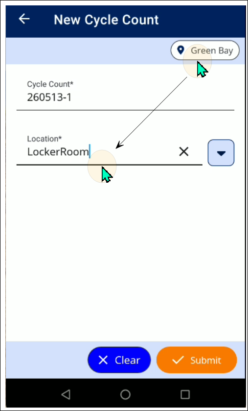 New Cycle Count screen in IntelliTrack Mobile with a location entered in the Location field and the Submit button enabled