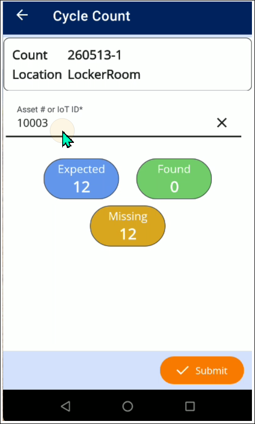 Cycle Count screen in IntelliTrack Mobile with an asset number scanned into the Asset # or IoT ID field and the Expected, Found and Missing counts