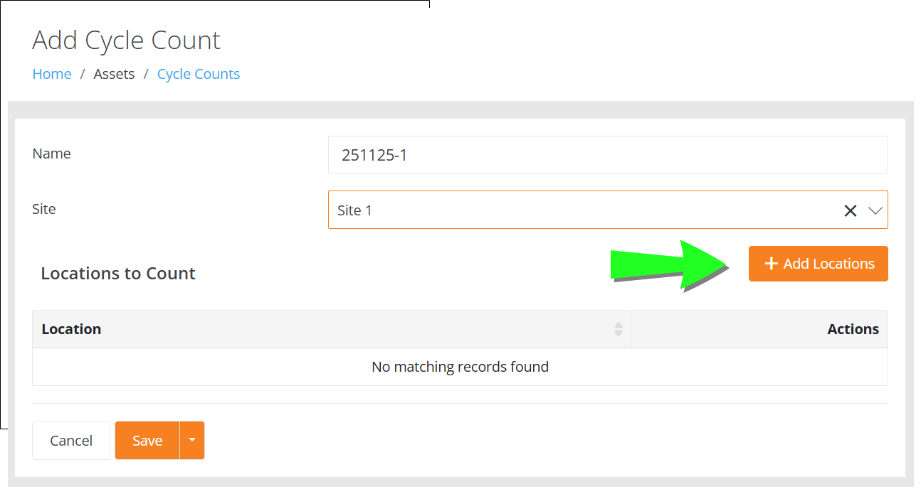 Add Cycle Count page with Name and Site filled in and an arrow pointing to the Add Locations button