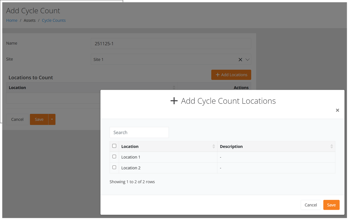 Add Cycle Count Locations popup over the Add Cycle Count page, listing Location 1 and Location 2 with check boxes and a Save button