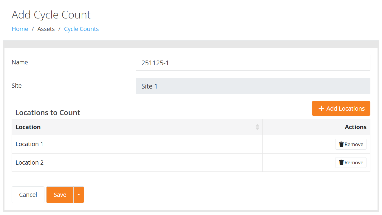 Add Cycle Count page with Site 1 selected and Location 1 and Location 2 listed under Locations to Count, each with a Remove button