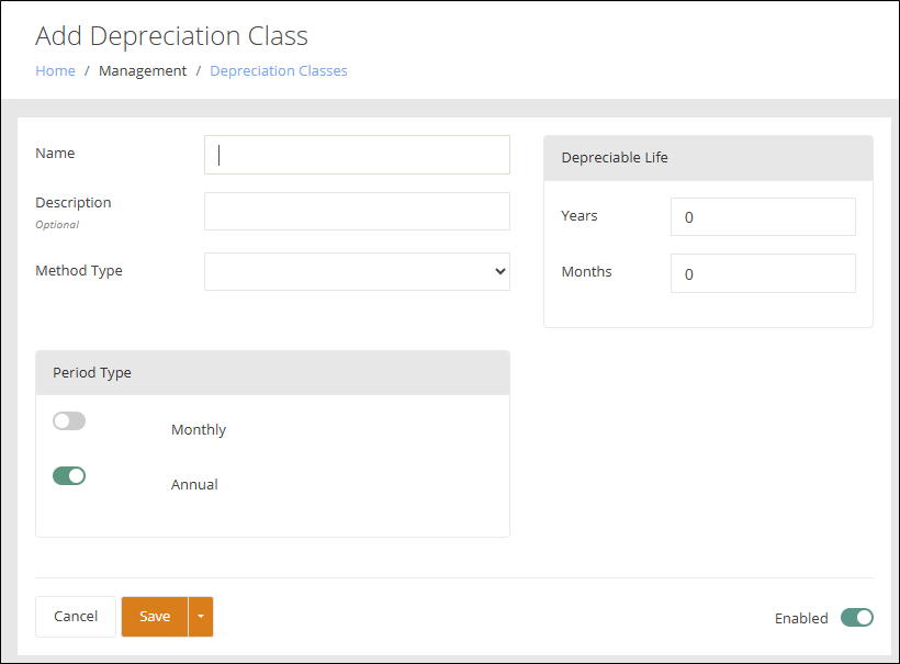 Add Depreciation Class page with Name, Description and Method Type fields, Depreciable Life Years and Months, and Monthly and Annual Period Type toggles
