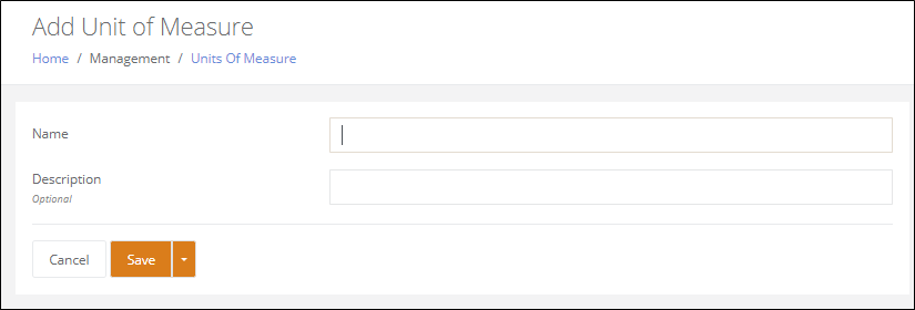 Add Unit of Measure page with the Name and optional Description fields and the Save button