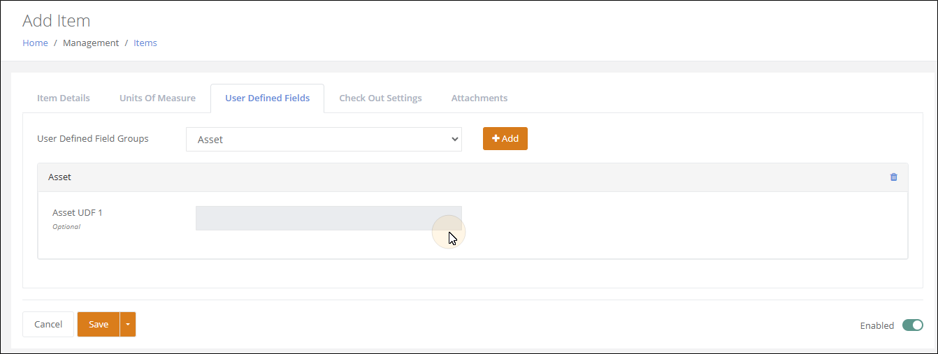 Add Item page, User Defined Fields tab, with the Asset field group added and its read-only Asset UDF 1 field