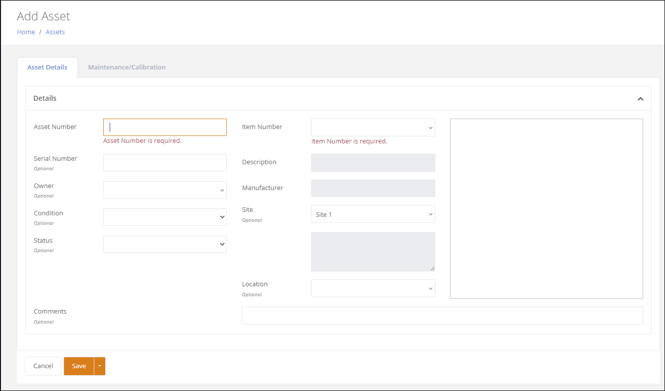 Add Asset page, Asset Details tab, with required Asset Number and Item Number fields and read-only Description and Manufacturer fields