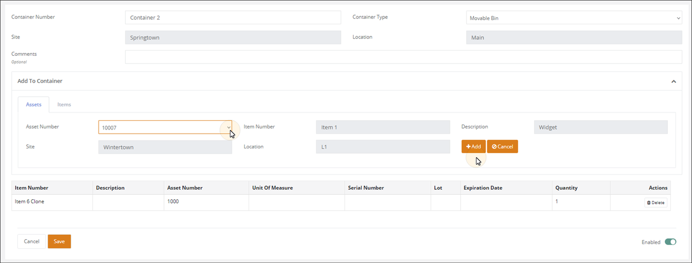 Container page with an asset selected in the Asset Number field on the Assets tab of Add To Container and the pointer on the Add button