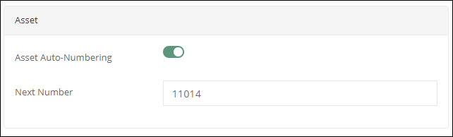 Asset tenant setting with the Asset Auto-Numbering toggle switched on and the Next Number field